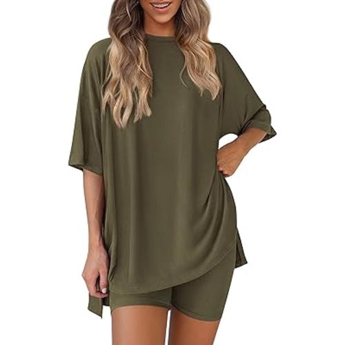 PRETTYGARDEN Women 2 Piece Lounge Set 2026 Summer Casual Oversized Shirts Biker Shorts Matching Airport Travel Outfit Clothes