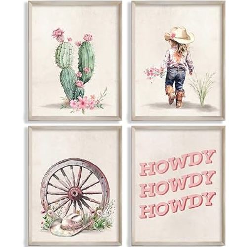 MOCVSWO Western Howdy Cowgirl Cowboy Hat Cactus Desert Wall Art Prints for Cowgirl Nursery Decor And Kids Room Girs Room Decoration,Set Of 4(8''x10''Inches,Unframed).