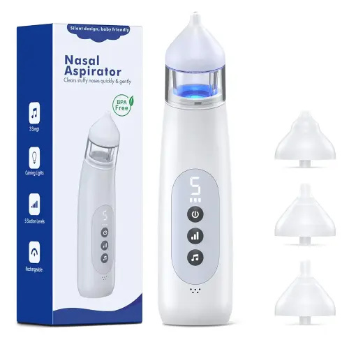 Nasal Aspirator for Baby, 5 Suction Levels Nose Sucker, Music and Light Silicone Nose Suction Device Battery Powered, Best Baby Girls Boy Adult Pets Essentials