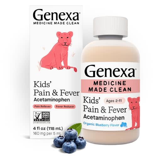 Genexa Kids’ Clean Pain & Fever Acetaminophen, Dye Free, 0% Artificial Additives, Delicious Organic Blueberry Flavor, Liquid Oral Suspension Medicine for Children 2-11, 160 mg per 5mL, 4 fl oz