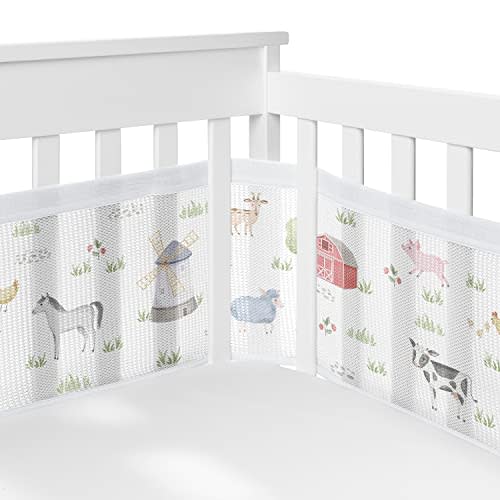Sweet Jojo Designs + BreathableBaby Farm Animals Boy Girl Breathable Mesh Crib Liner Baby Infant Gender Neutral Watercolor Farmhouse Barn Horse Cow Sheep Chickens Nature Trees Gray Green