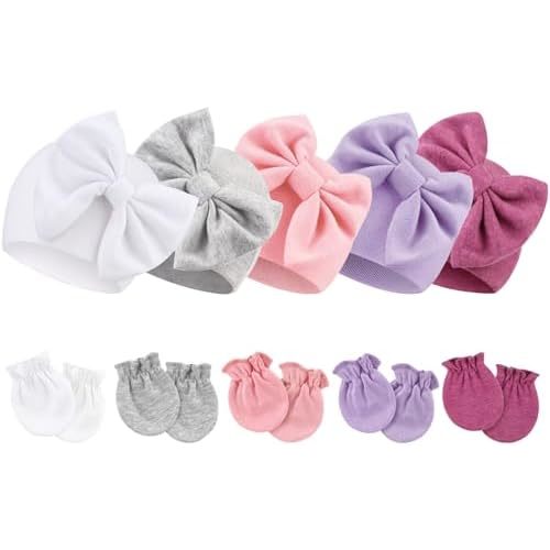 BQUBO Newborn Baby Girls Hats Mittens Set Hospital Hat Beanie Infant Bow Hats Baby Cotton Gloves for 0-6 Months