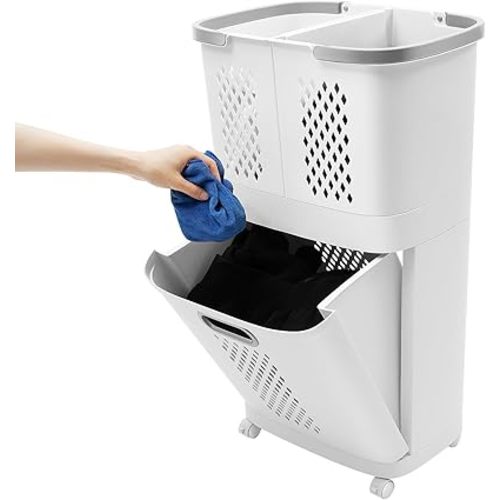 2 Tier Plastic Laundry Hamper, Removable Household Bathroom Clothes Storage Basket Cart Floor Standing Large Carrying Laundry Hamper with Handle and 4 Wheels for Bedroom, Bathroom