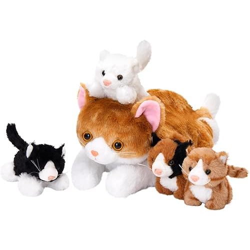 WEWILL 15'' Cat with Kittens Stuffed Animals, Mommy Plush Toy with 4 Baby Kittens, Cute Surprise for Imaginative Play, Cozy Magical Pillow Plushie for Girls, for Kids and Cat Lovers