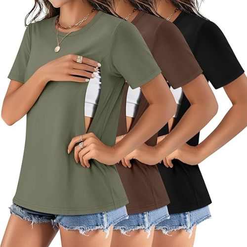 3 Pack Women's Maternity Nursing Shirt for Breastfeeding Hidden Zipper Short Sleeve Crew Neck Cotton Pregnancy Top