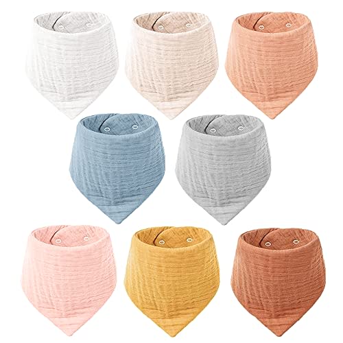 Konssy Muslin Baby Bibs 8 Pack Bandana Drool 100% Cotton for Unisex Baby, Solid Colors Set Teething and Drooling