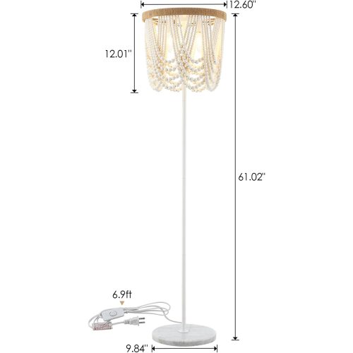 VILUXY Bohemia Wood Beaded Boho Floor Lamp Antique Rustic White Finishing for Bedroom, Nursery Room, Dining Room,Girl Room 3-Light
