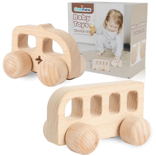 Oranmew Wooden Toys Cars for Toddlers, Montessori Baby Toys for 6-12 Months, Bus & Ambulance Toy Cars, Wooden Baby Toys for 1 Year Old, Boy Nursery Decor, Educational Birthday Gift for Boys & Girls