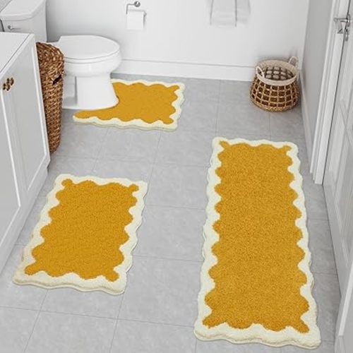 Uphome Scalloped Bathroom Rugs Sets 3 Piece Yellow Non-Slip Cute Bath Mat with U-Shaped Contour Quick Dry Absorbent Shaggy Microfiber Bath Rug Modern Washable Aesthetic Shower Rug for Sink Tub Toilet