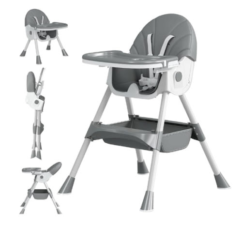 Baby High Chair, 5 in 1 High Chairs for Babies and Toddlers, Travel Foldable High Chair with Foot Rest, Detachable PU Cushion, Double Removable Tray, Adjustable Height & Recline, Locking Wheels