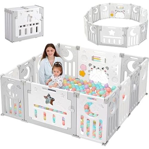 Baby Playpen, Dripex Foldable Playpen for Babies and Toddlers, Custom Shape Baby Fence, Safety Play Yard with Gate, Portable Play Area for Indoor or Outdoor, Light Grey White,14 Panel