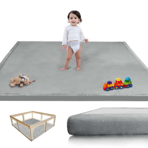 Baby Play Mat, 1.3"Thick Memory Foam Area Rug, Soft Coral Velvet Baby Crawling Mat with Non-Slip Backing, tummy time mat, tatami Padded Carpet, Baby Nursery Rug for Toddlers(Light Gray)