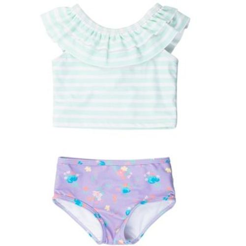 RuffleButts Baby Girls UPF50+ Ruffle Tankini - Purple Garden, 3-6m