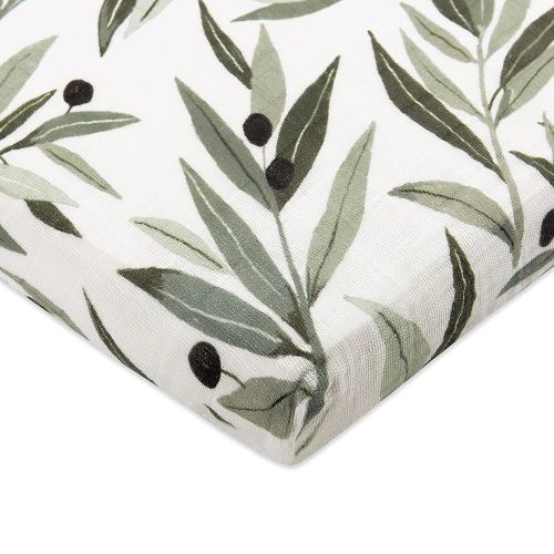 Babyletto 100% Organic Cotton All-Stages Midi Crib Sheet, GOTS-Certified, Fitted 360°, Ultra-Soft and Breathable Muslin - Olive Branches