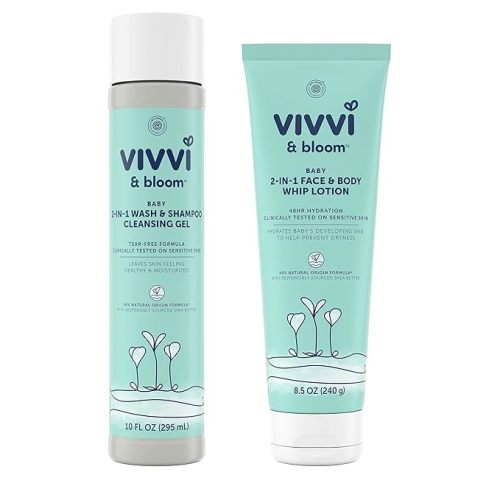 Vivvi & Bloom Gentle 2-in-1 Baby Wash & Shampoo Cleansing Gel, 10 fl. Oz with VIVVI & BLOOM Gentle 2-in-1 Baby Face & Body Whip Lotion, 48-Hour Hydration, 8.5 oz - Fragrance Cleanser + Lotion
