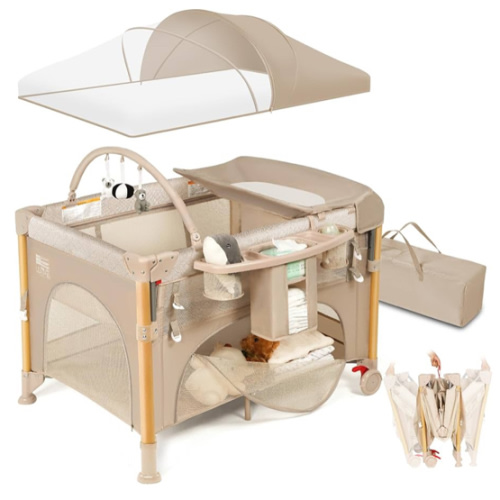 Baby Bassinet Bedside Crib for Travel with One-Hand Setup 5-in-1 Foldable Baby Playpen, Portable Pack and Play with Bassinet,Diaper Changer & Adjustable Mattress for Newborn to Toddler (Khaki)