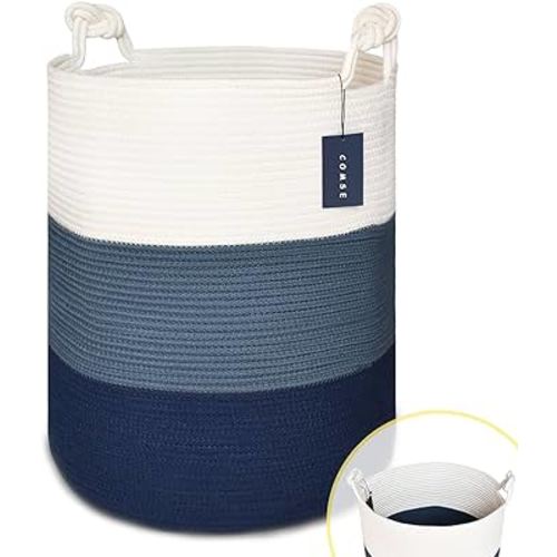 COMSE Extra Large Blanket Basket, High Storage Basket, Tall Rope Laundry Basket, 15.7”x 21.7”, Cotton Rope Basket, XXXL Laundry Basket, Toy Basket, Clothes Baskets,White/Cadet Blue/Navy Blue