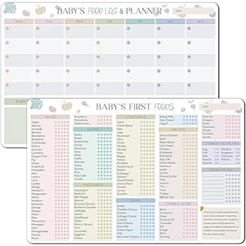 2 Pack Baby First Food Checklist, Baby Led Weaning Supplies, First Foods Tracker Fridge Magnet & Daily Food Log Meal Planner, 12"x8" Dry Erase Nutrition Poster, 101 Foods Before 1 Checklist Magnet