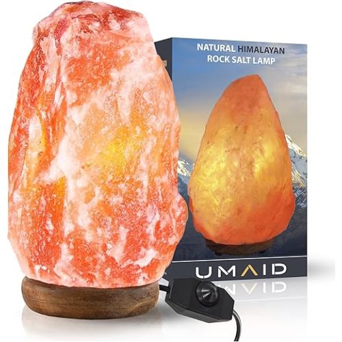 UMAID Himalayan Salt Lamp 8-10 inch (7-11 lb) with Dimmable Switch and Night Light Bulb on Handcrafted Wooden Base, Natural Pink Rock Salt Lamp