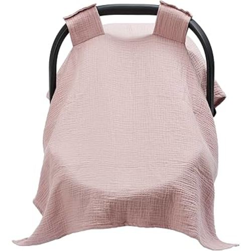 Meracorallo Muslin Baby Car Seat Cover, 100% Organic Cotton Infant Carrier Cover, Lightweight Breathable Soft Carseat Canopy for Baby Boys and Girls (Pink)