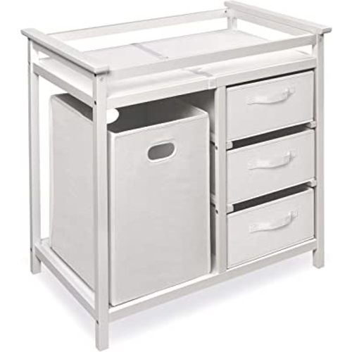Badger Basket Modern Baby Changing Table with Laundry Hamper, 3 Storage Drawers, and Pad - White