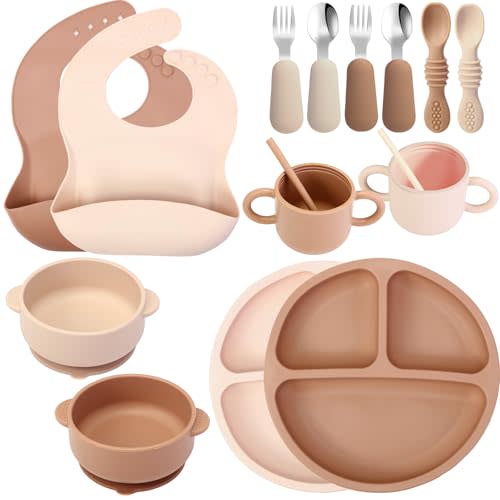 16 Pcs Baby Led Weaning Supplies Silicone Baby Feeding Set Baby Plates with Suction Baby Utensils with Divided Adjustable Bib Bowl Cutlery Snack Cup Spoons Straw 6 Months+ (Walnut, Beige)