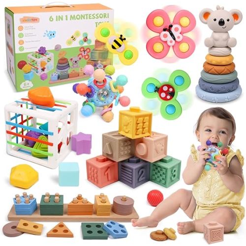 6-in-1 Montessori Baby Toys 0-6 6-12 Months, Infant Teething Toys Soft Stacking Blocks Rings Shape Sorter Sensory Fidget Spinners for Toddler 1-3, First Baby Gift Set for 6 Month Old Girl Boy