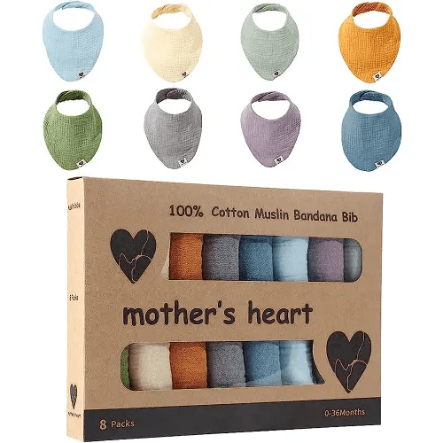 Mother's Heart Bandana Drool Bibs - Natural Cotton Muslin Baby Bibs - Highly Absorbent Polyester-Free and Plastic-Free for Teething - Set of 8 Solid Color Bandanas for Boys & Girls