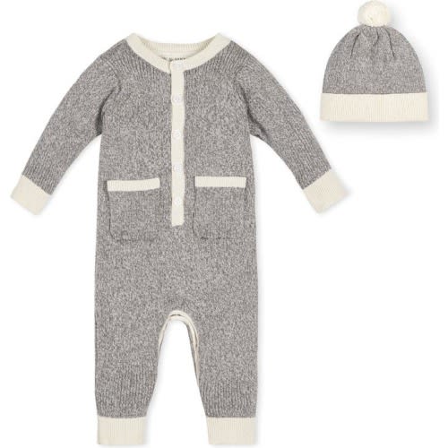 Hope & Henry Baby Organic Button Front Romper and Beanie Set, Infant, 0-3M, Gray Marl Set