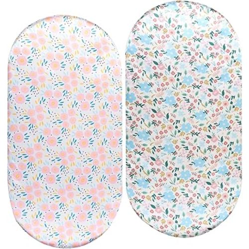 Bassinet Sheet Set 2 Pack Satin Ultra Soft Silk Fit for Rectangle, Hourglass, Oval Bassinet Mattress Protect for Baby Hair and Skin Cradle or Bassinet Sheets, Floral & Floral