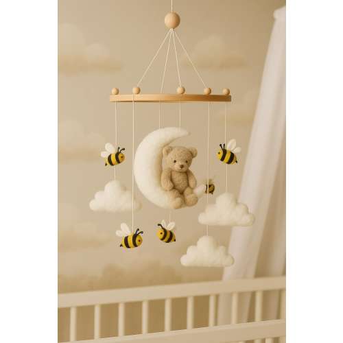Baby Mobile with Teddy Bear, Moon, Clouds & Bees | Neutral Nursery Crib Mobile | Handmade Baby Shower Gift