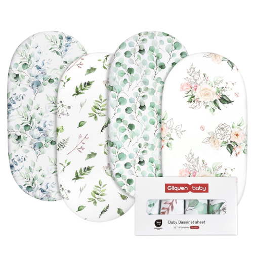 Gllquen Baby Premium Bassinet Sheets Set 4 Pack for Girls Newborns Infant Toddlers, Plants & Flowers