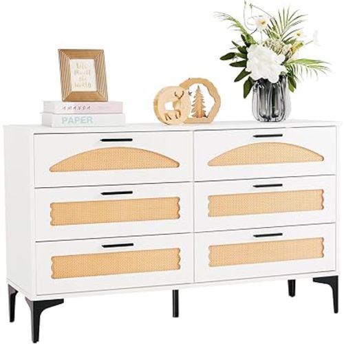 Mericonia 6 Drawer Double Dresser for Bedroom, Wood Rattan Dresser for Closet with Metal Legs, Boho TV Stand with Drawers, Dressers & Chests of Drawers for Bedroom, Hallway and Entryway, White