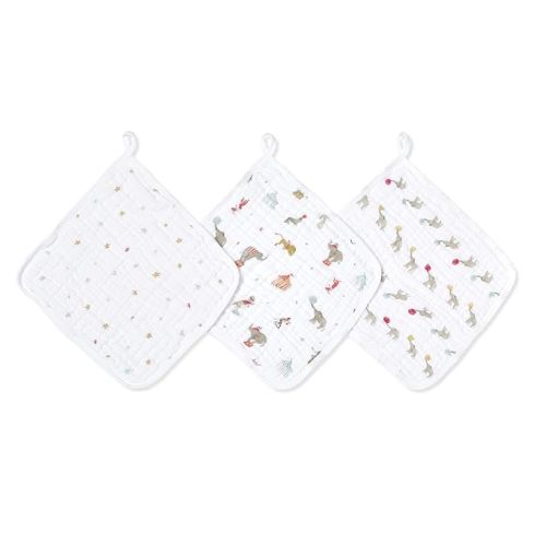 aden + anais Essentials Classic Washcloth Set, Super Soft 100% Cotton Muslin, 3-Pack, Elephant Circus