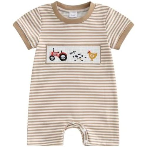 Infant Baby Boy Romper Farm Animal Embroidery Patch Romper Jumpsuit One Piece Plaid Summer Playsuit Country Clothes