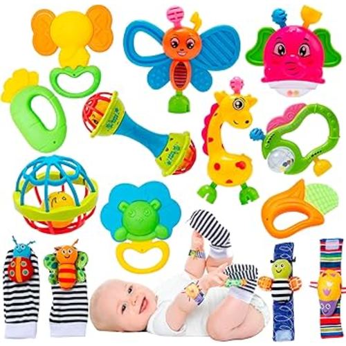CYZAM Baby Rattle Toy & Rattle Sock Set, 14PCS Infant Toys, 3-18 Months, Multicolor, Plastic & Fabric, BPA Free