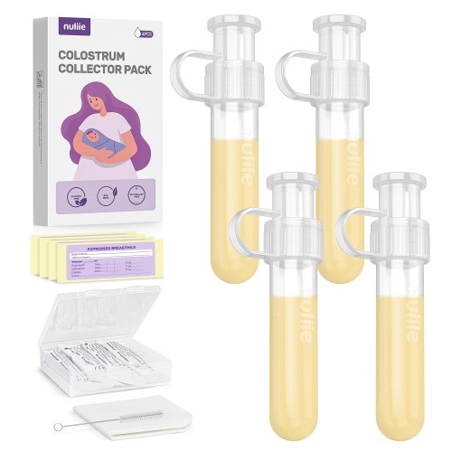 Nuliie Colostrum Collector Kit 7ml/4pcs, Leakproof, Reusable Breast Milk Collector, Heat & Freezer Resistant, BPA-Free, With Cotton Cloth Wipe, Storage Case, Cleaning Brush - Ready-to-Use for Newborns