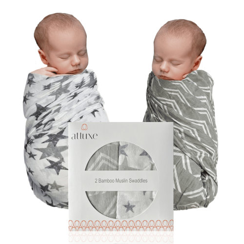 Atluxe Soft Breathable Muslin Swaddle. Bamboo-Cotton Fabric. 2 Pack. (Gray)