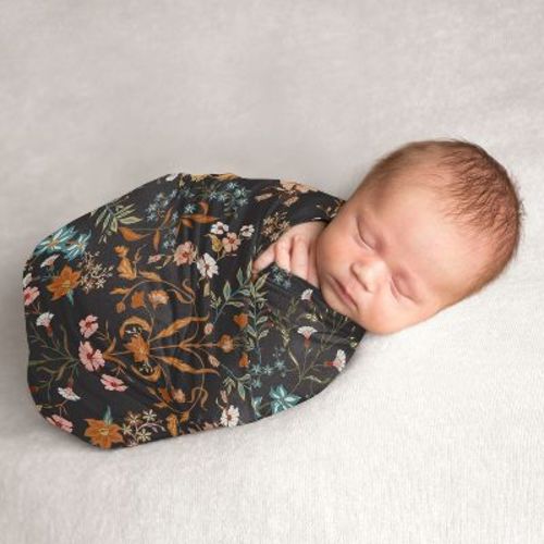 Sweet Jojo Designs Girl Swaddle Baby Blanket Boho Floral Wildflower Black Orange Blue And Green