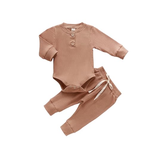 Newborn Baby Boy Girl Clothes Ribbed Knitted Cotton Long Sleeve Romper Long Pants Solid Color Fall Winter Outfits