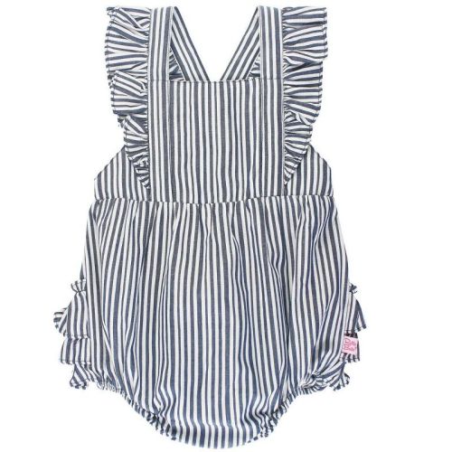 Rufflebutts Woven Pinafore Cross-back Romper - Navy Micro Stripe, Size: 12-18m