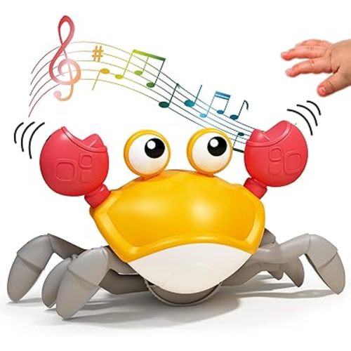 Deejoy Yellow Crawling Crab Toys with Light Up, Interactive Musical Toy with Automatically Avoid Obstacles, USB Rechargeable, Fun Moving Toy for Babies, Toddlers and Kids