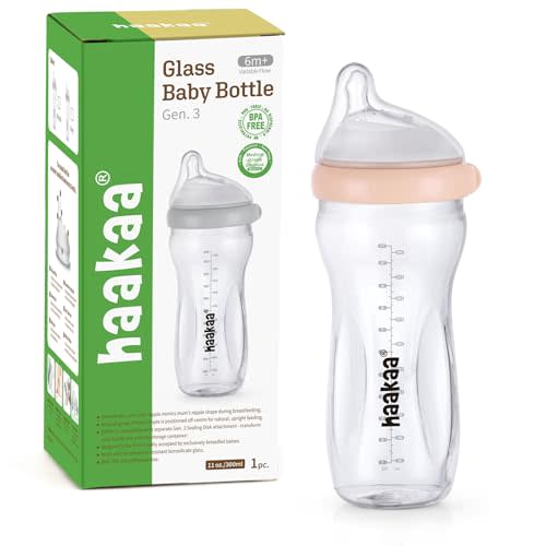 haakaa Gen.3 Natural Glass Baby Bottle 11oz/1PK - Wide Neck Anti-Colic Variable Flow Nipple,Easy to Clean & Latch for 6m+ Breastfeeding Baby Toddler,BPA-Free - Peach