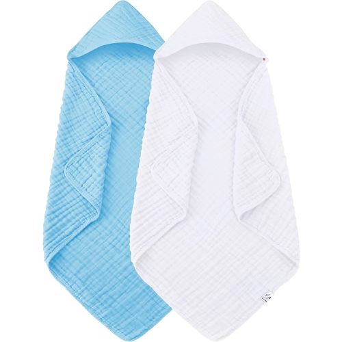 2 Pack Hooded Baby Towels - 100% Muslin Cotton for Newborns, Infants, Toddlers, and Kids - Large 32x32Inch Size - Highly Absorbent and Essential for Newborn Care, White and Aqua