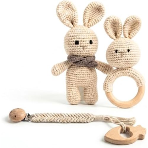 Organic Crochet Bunny Baby Rattle Toy - Handmade Newborn Gift Set with Teether & Pacifier Holder - BPA-Free Organic Cotton New Baby Gift - Infant Sensory Toy for Girls Boys 0-12 Months