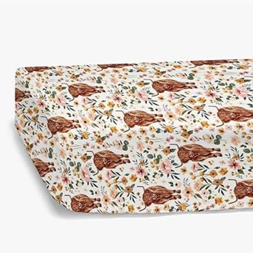 HawSkgFub Highland Cow Floral Boho Fitted Standard Crib Sheet for Baby Girl, Retro Western Farm Animal Yak Flower Toddler Mattress Cover, Soft Stretchy Nursery Bed Sheets Decor Kids Gift 52" x 28"