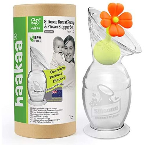 haakaa Breast Pump Manual Breast Pump Milk Saver Milk Pump with Suction Base and Flower Stopper 100% Food Grade Silicone BPA Free (5oz/150ml) (Orange)