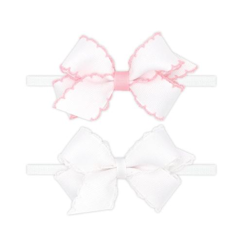 Wee Ones Girls' GIFT PACK Two Mini Moonstitch Grosgrain Bows on Skinny Nylon Band, Mini, Light Pink and White
