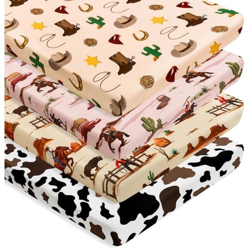 Pack n Play 4 Pack Western Cowboy Sheets Neutral Breathable Fitted Baby Sheets Nursery Sheets for Baby Boys or Girls (Pack N Play Sheet)