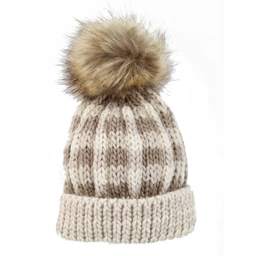 Buffalo Check Fur Pom Hat, Pebble